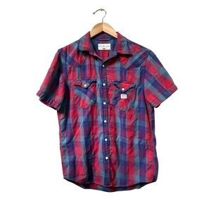Ralph Lauren Shirt Mens Small Red Blue Denim & Supply Western Plaid Pearl Snap